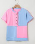 Colorblock Checker Half Button Henley T-Shirt