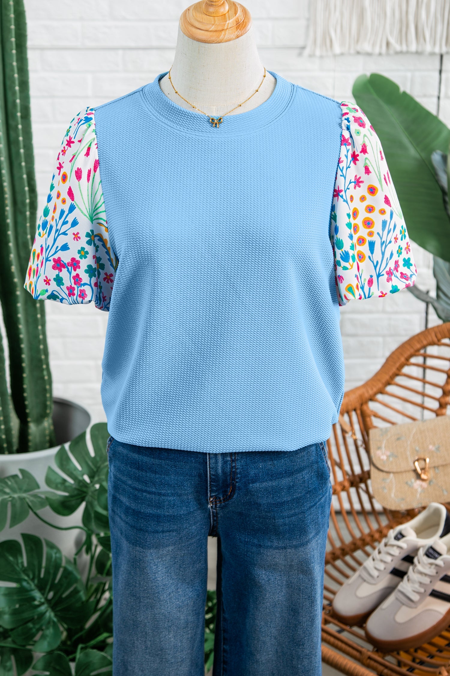 Floral Patchwork Bubble Sleeve Textured Blouse