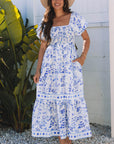 Floral Square Neck Bubble Sleeve Maxi Dress