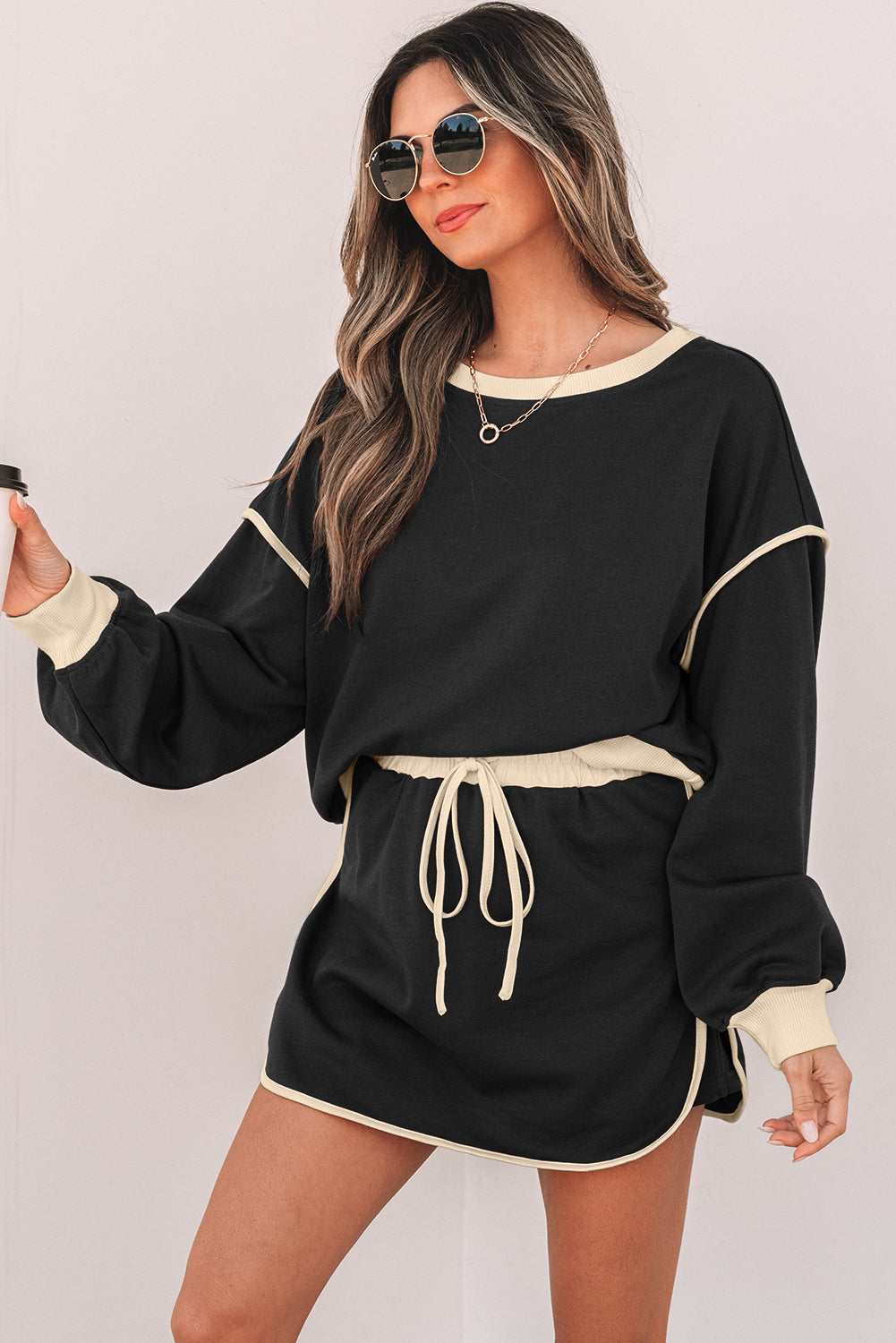 Colorblock Long Sleeve Top and Skort Set