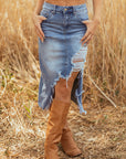 Denim Asymmetrical Distressed Midi Skirt