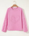 Heart Embroidered Eyelet Patchwork Long Sleeve Top