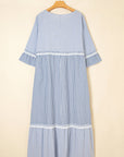 Plus Size Stripe Patchwork Lace Trim 3/4 Sleeve Maxi Dress