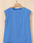 Stripe Ribbed Cap Sleeve Round Neck T-Shirt