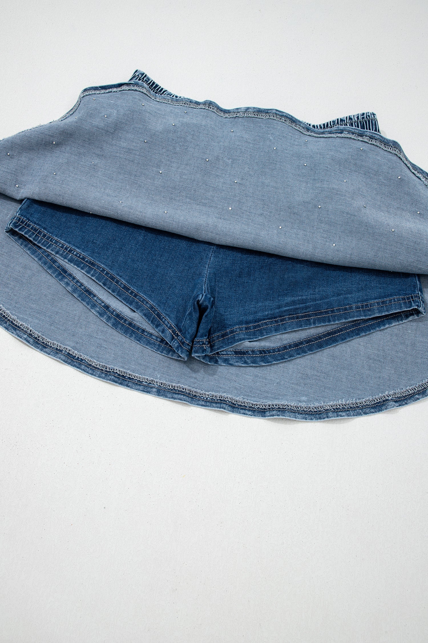 Denim Pearl Embellish Elastic Waist Mini Skort