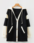 Waffle Knit Colorblock Patchwork Buttoned Hoodie