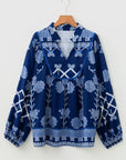Plus Size Floral Notch Neck Long Sleeve Blouse