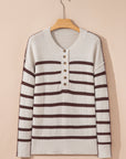 Stripe Ribbed Slouchy Drop Shoulder Henley Sweater