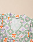 Geometric Floral 3/4 Sleeve Notched Neck Mini Dress