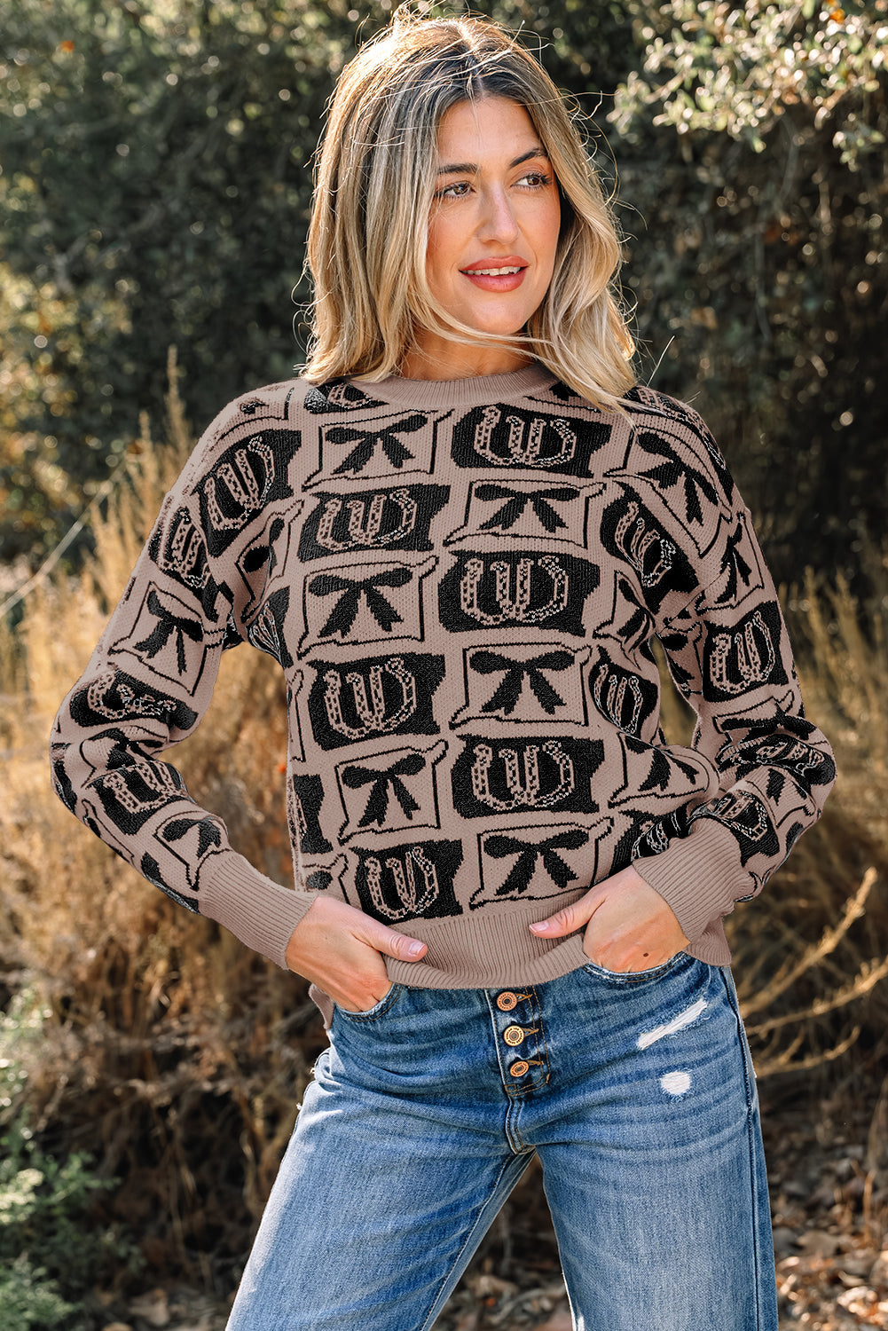 Western Bows &amp; Horseshoes Long Sleeve Sweater
