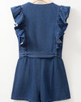 Denim Ruffle Sleeve Zip Front Belted Romper
