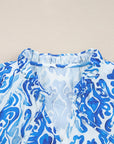 Abstract Tie-Neck Button- Up Puff Sleeve Shirt