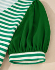 Stripe Patchwork Puff Short Sleeve V-Neck Blouse