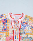 Boho Patchwork Tied V-Neck Short Sleeve Blouse