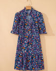 Floral Split Neck Puff Sleeve Mini Dress