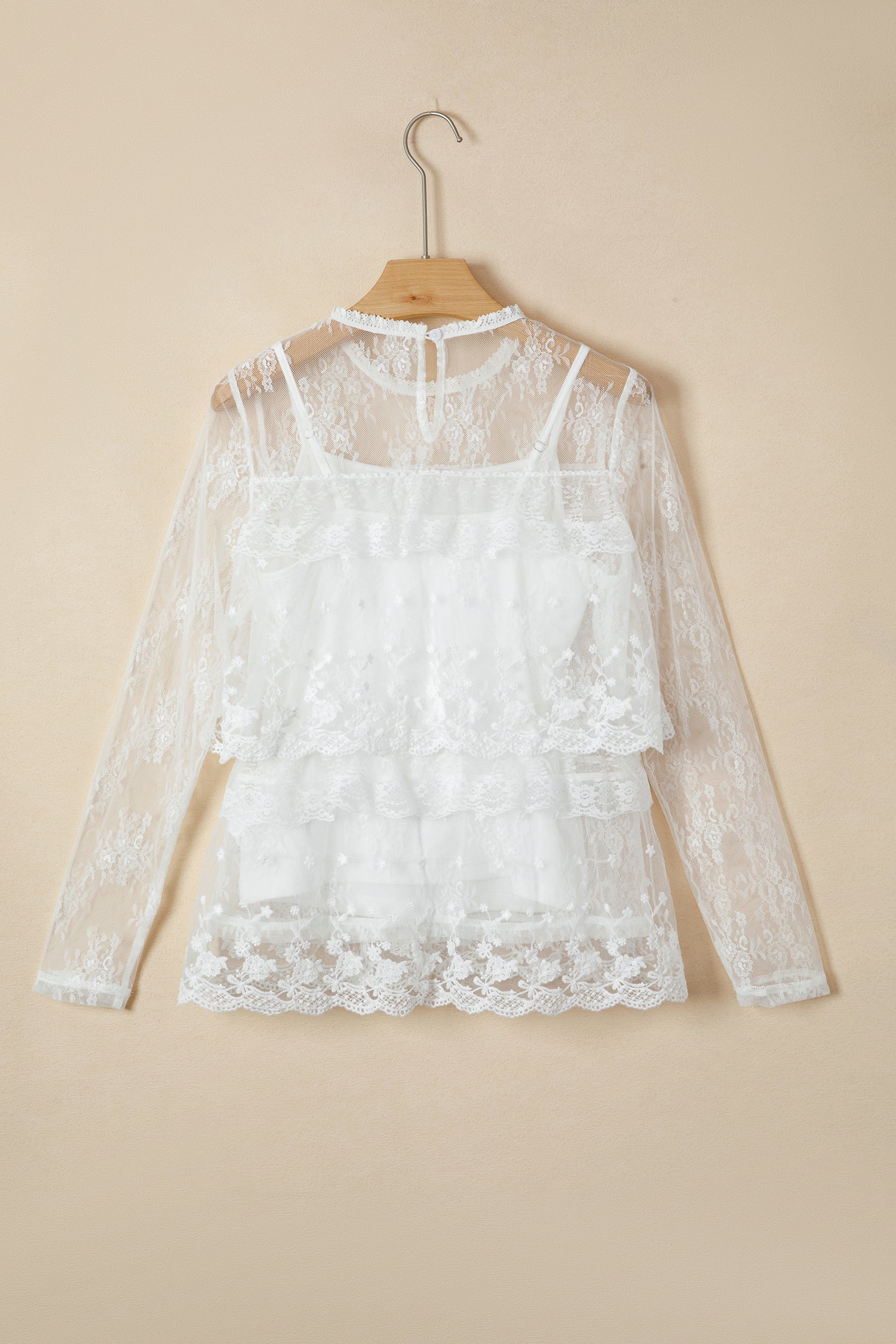 Sheer Floral Lace Ruffle Tiered Blouse &amp; Cami