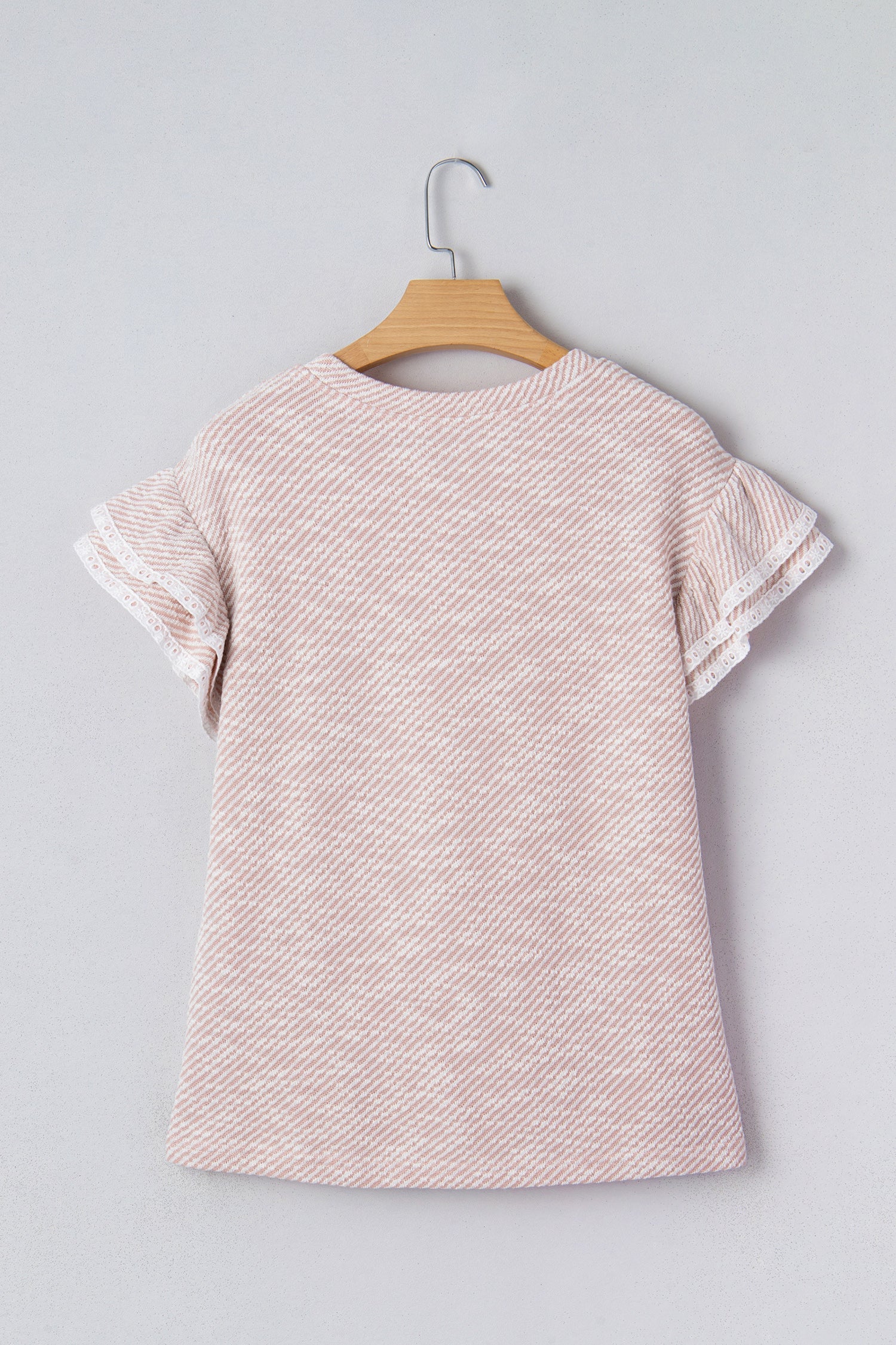 Stripe Lace Ruffle Short Sleeve Twill Blouse