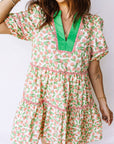 Floral Ricrac Trim Contrast V-Neck Puff Sleeve Dress