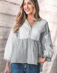 Stripe Gauze Patchwork Half Buttoned Babydoll Blouse