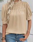 Eyelet Embroidered Patchwork Textured Ruffle Neck Blouse