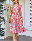 Tribal Paisley Ruffle Sleeve Notch Neck Midi Dress