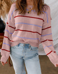 Stripe Ribbed Trim Drop Shoulder Sweater
