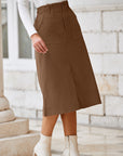 Solid High Waist Front-Slit Midi Skirt