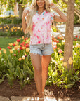 Floral Patchwork Notched Neck Flutter Sleeve Blouse