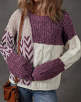 Colorblock Cable Knit Patchwork Tied Back Sweater