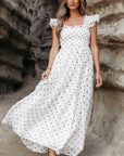 Polka Dot Flutter Sleeve Smocked Maxi Dress