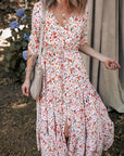 Boho Floral 3/4 Sleeve V‑Neck Maxi Dress