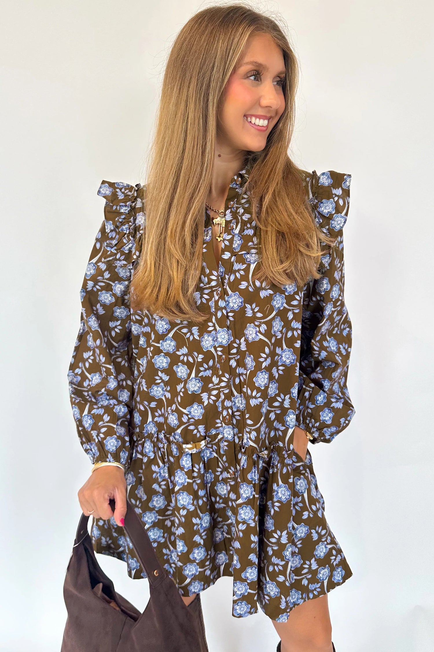 Floral Ruffle Shirt Collar Buttoned Long Sleeve Dress