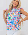 Reign Flutter Sleeve Mock Neck Shirred Blouse