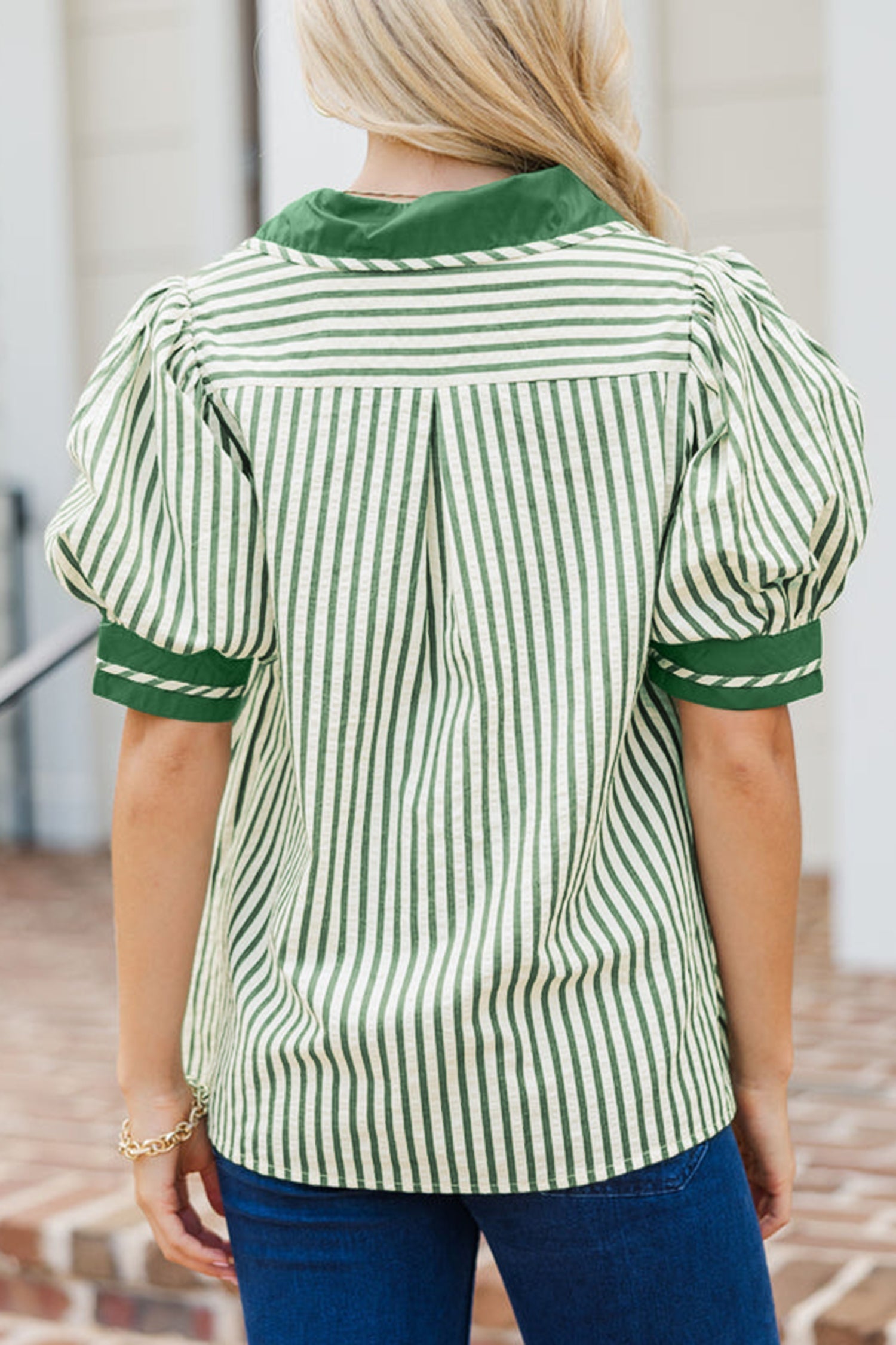 Stripe Collared V-Neck Bubble Sleeve Blouse