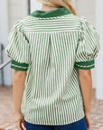 Stripe Collared V-Neck Bubble Sleeve Blouse