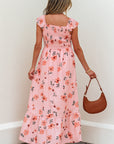 Floral V-Neck Smocked Ruffle Hem Maxi Dress