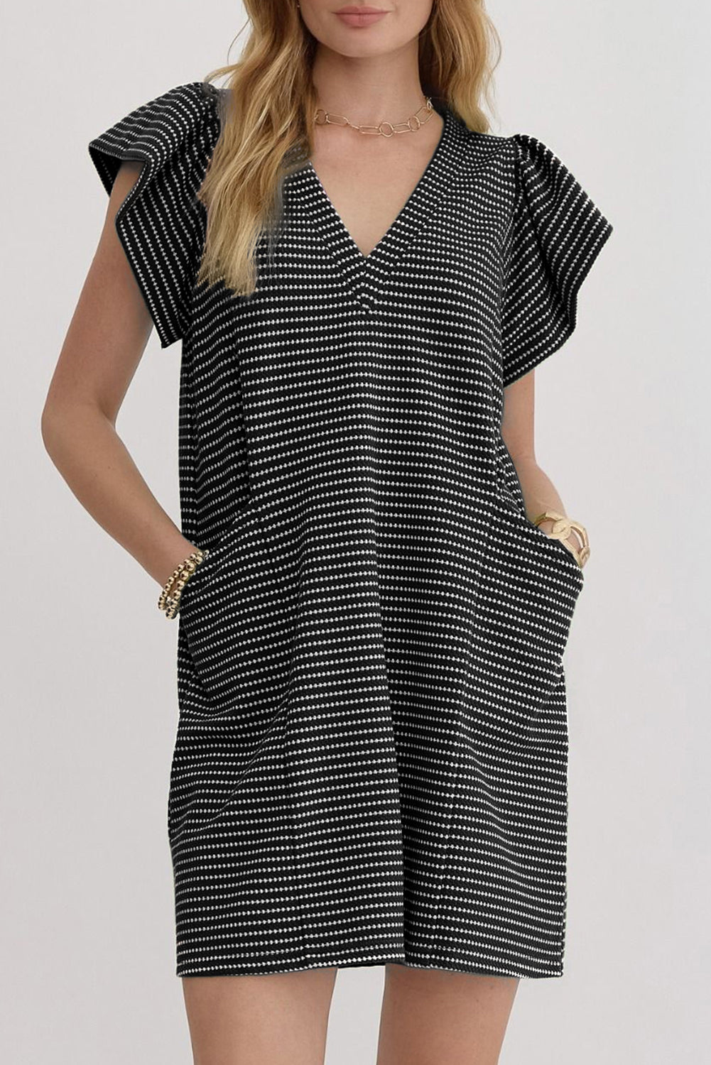 Stripe Textured Knit V-Neck Flutter Sleeve Mini Dress