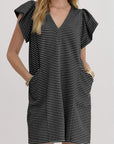 Stripe Textured Knit V-Neck Flutter Sleeve Mini Dress