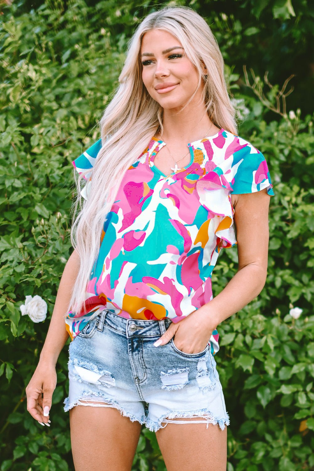 Noemi Notched Neck Flutter Sleeve Blouse