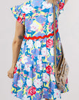 Floral Ric-Rac Flutter Sleeve V-Neck Dress