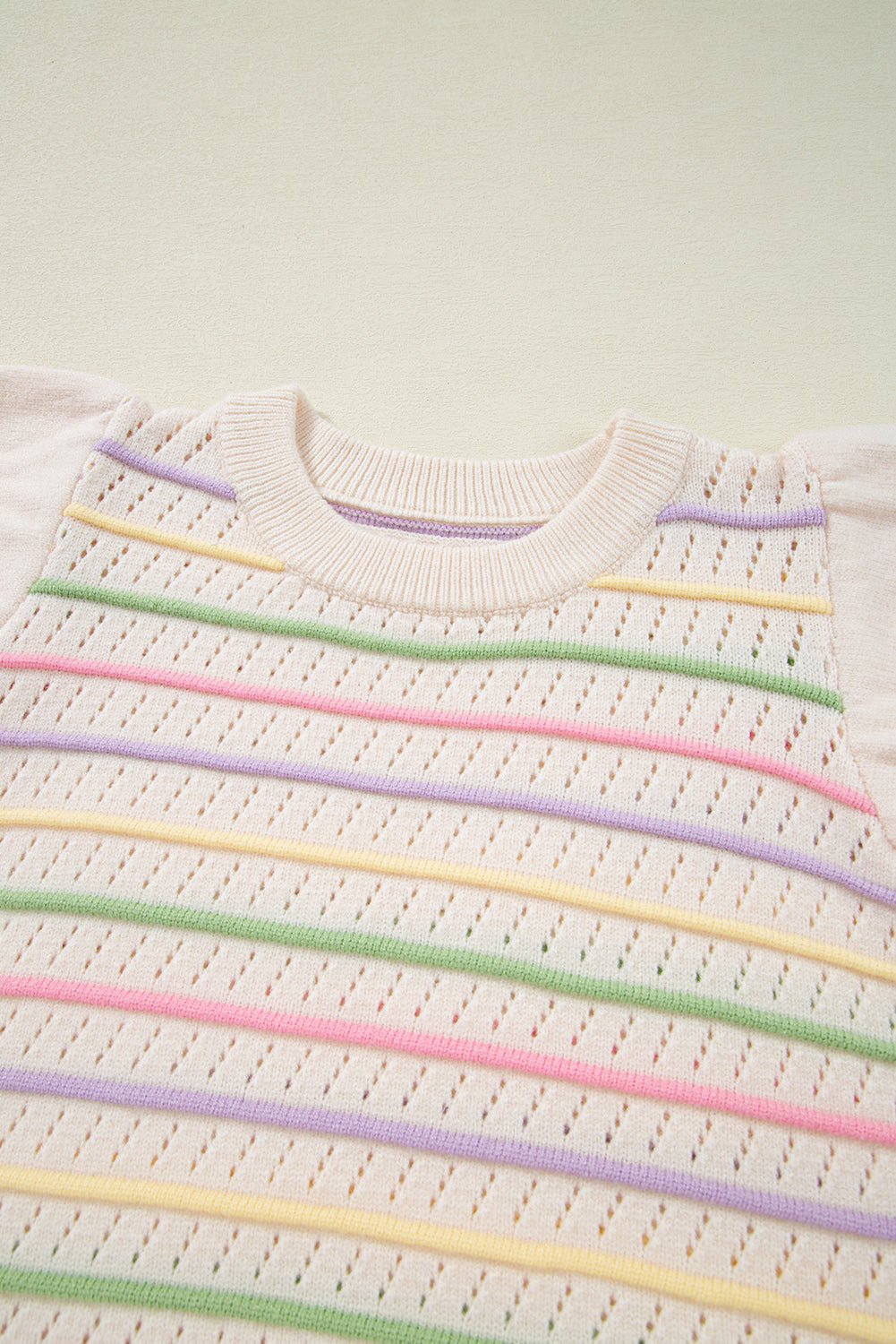 Stripe Eyelet Knit Ruffle Sleeve Sweater
