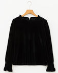Solid Velvet Frilled Collar Smocked Puff Sleeve Blouse