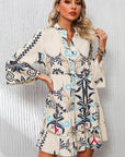 Boho Buttoned V-Neck 3/4 Sleeve Mini Dress