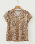 Cheetah Frilled V-Neck Short Sleeve Blouse