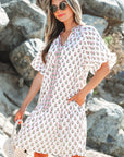 Floral Bubble Sleeve Tie Neck Ruffle Hem Dress
