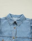Solid Denim Ruffle Puff Sleeve Buttoned Shirt