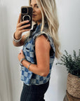 Checker Ruffle Trim Button Down Denim Vest