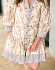 Plus Size Floral Stripe Trim Patchwork Button-Up Dress