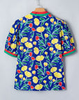 Floral Stripe Patchwork V-Neck Short Sleeve Blouse