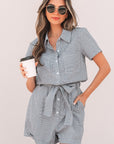 Stripe Chest Pockets Buttoned Collar Belted Romper